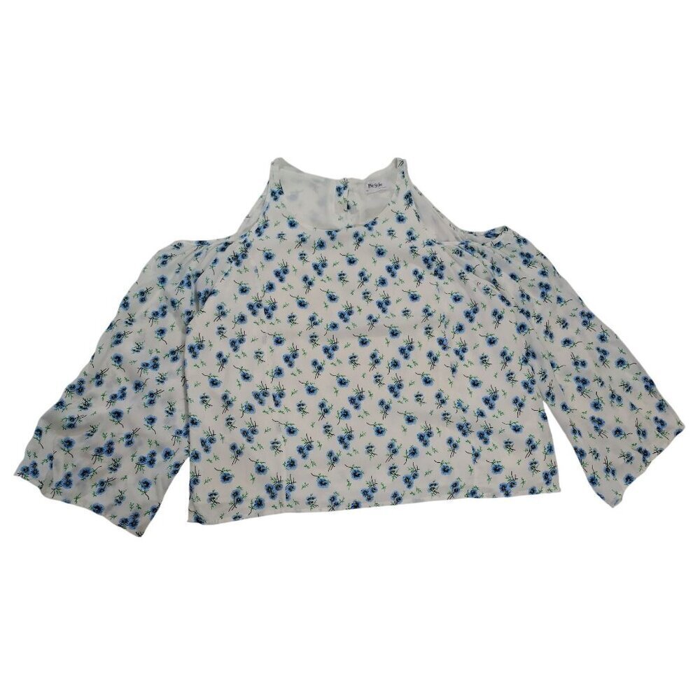 Love Sadie Floral Cold Shoulder Blouse White W/ Blue Flowers Large 3/4 Sleeves